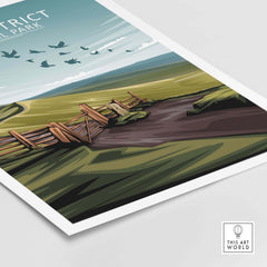 Minimalist Peak District National Park poster with a landscape scene and birds in the sky.