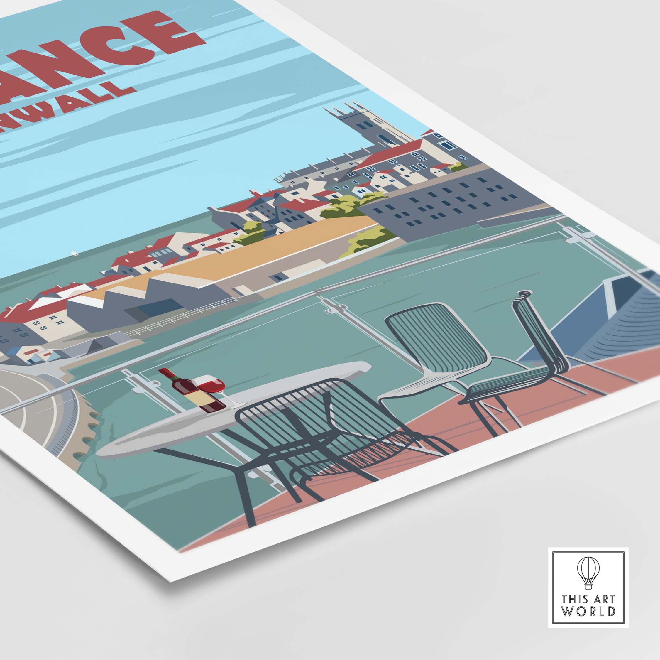 Penzance Cornwall poster print featuring a coastal view and minimalist design, perfect for travel-inspired decor.