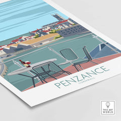 Penzance Poster Cornwall Print featuring a scenic view with outdoor seating, capturing travel wanderlust in a minimalist style.