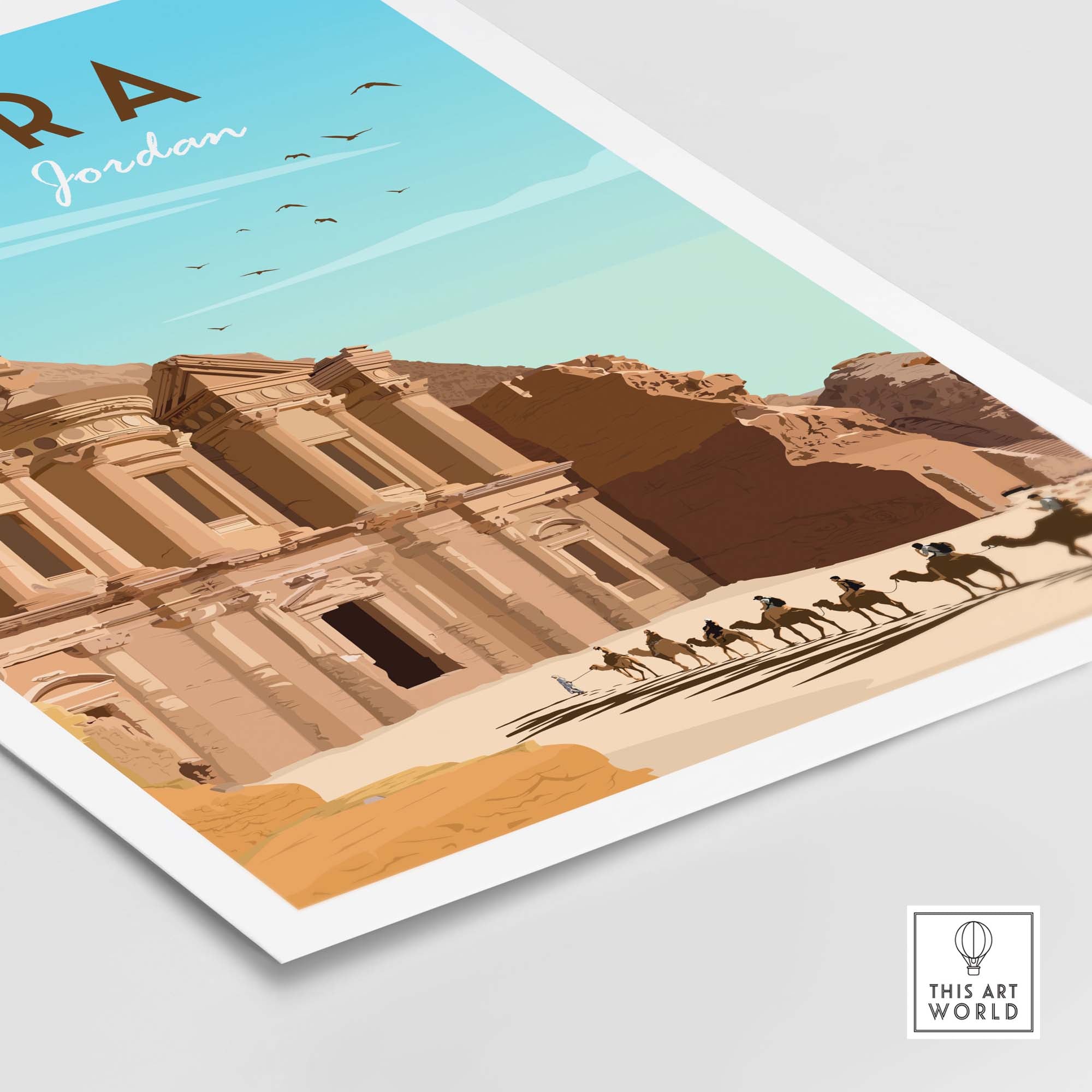 Petra travel poster print featuring iconic Petra architecture and camels in a minimalist style, perfect for home decor.
