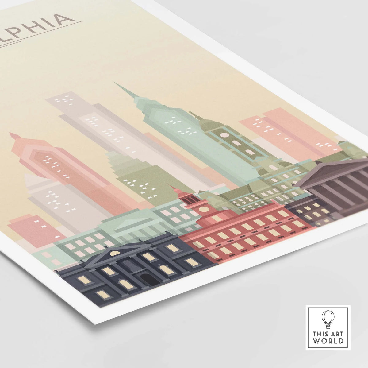 Philadelphia Skyline Poster showcasing iconic architecture in warm pastel colors, perfect for home or office decor.