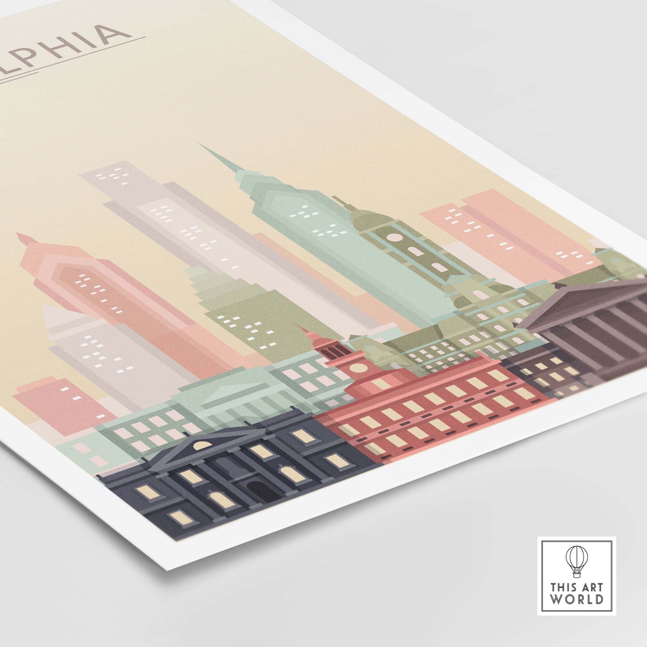 Philadelphia Skyline Poster showcasing iconic architecture in warm pastel colors, perfect for home or office decor.