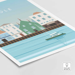 Poole Print Poster Dorset Wall Art featuring coastal buildings and a boat on serene waters, perfect for travel-inspired decor.