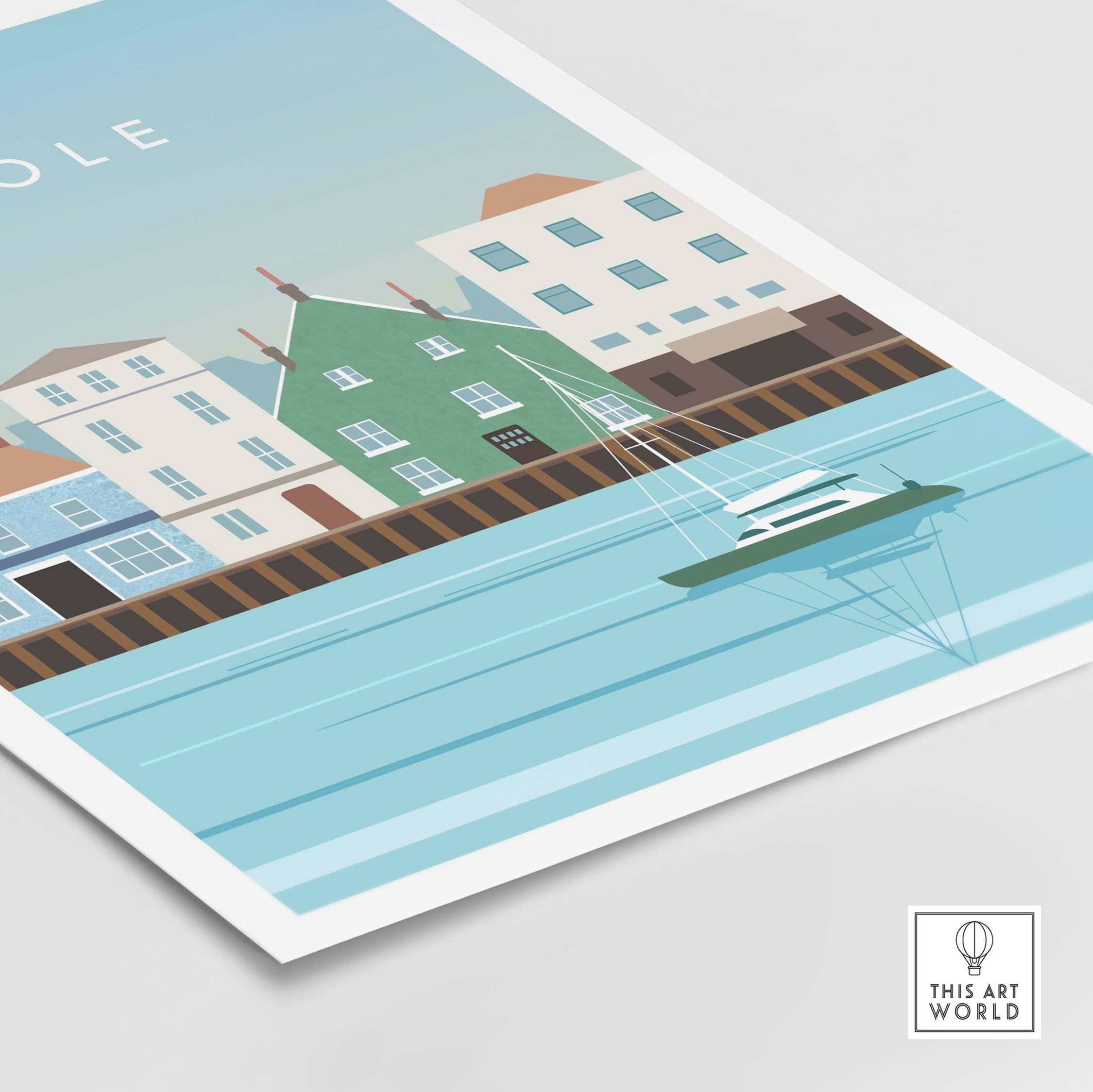 Poole Print Poster Dorset Wall Art featuring coastal buildings and a boat on serene waters, perfect for travel-inspired decor.