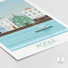 Poole Dorset travel poster print featuring colorful houses and a boat on the water, ideal for UK wall art.