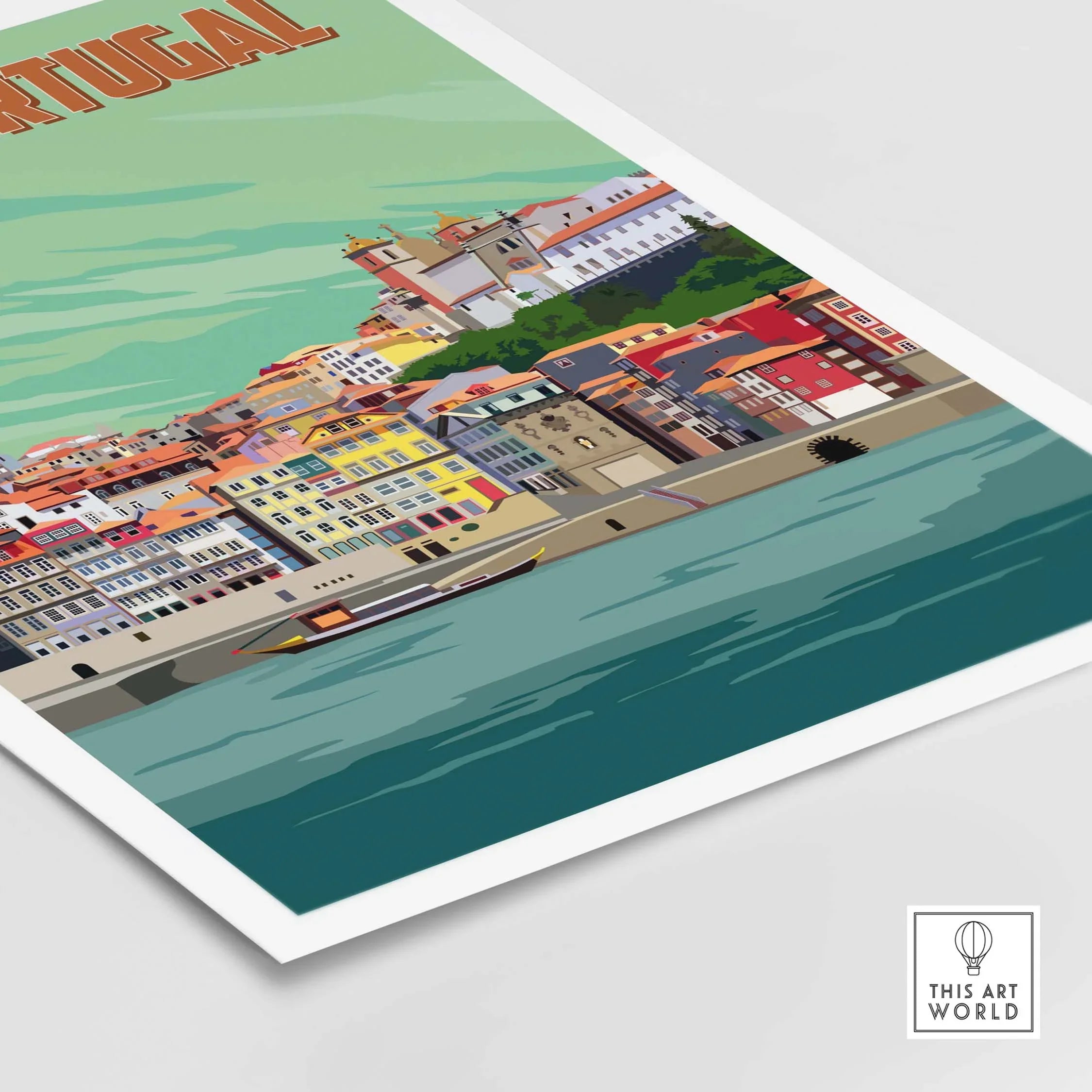 Colorful Porto Print Poster featuring vintage-style artwork of Portugal's waterfront.