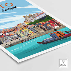 Porto Poster Portugal featuring colorful buildings and boats in a minimalist design, perfect for wall art.