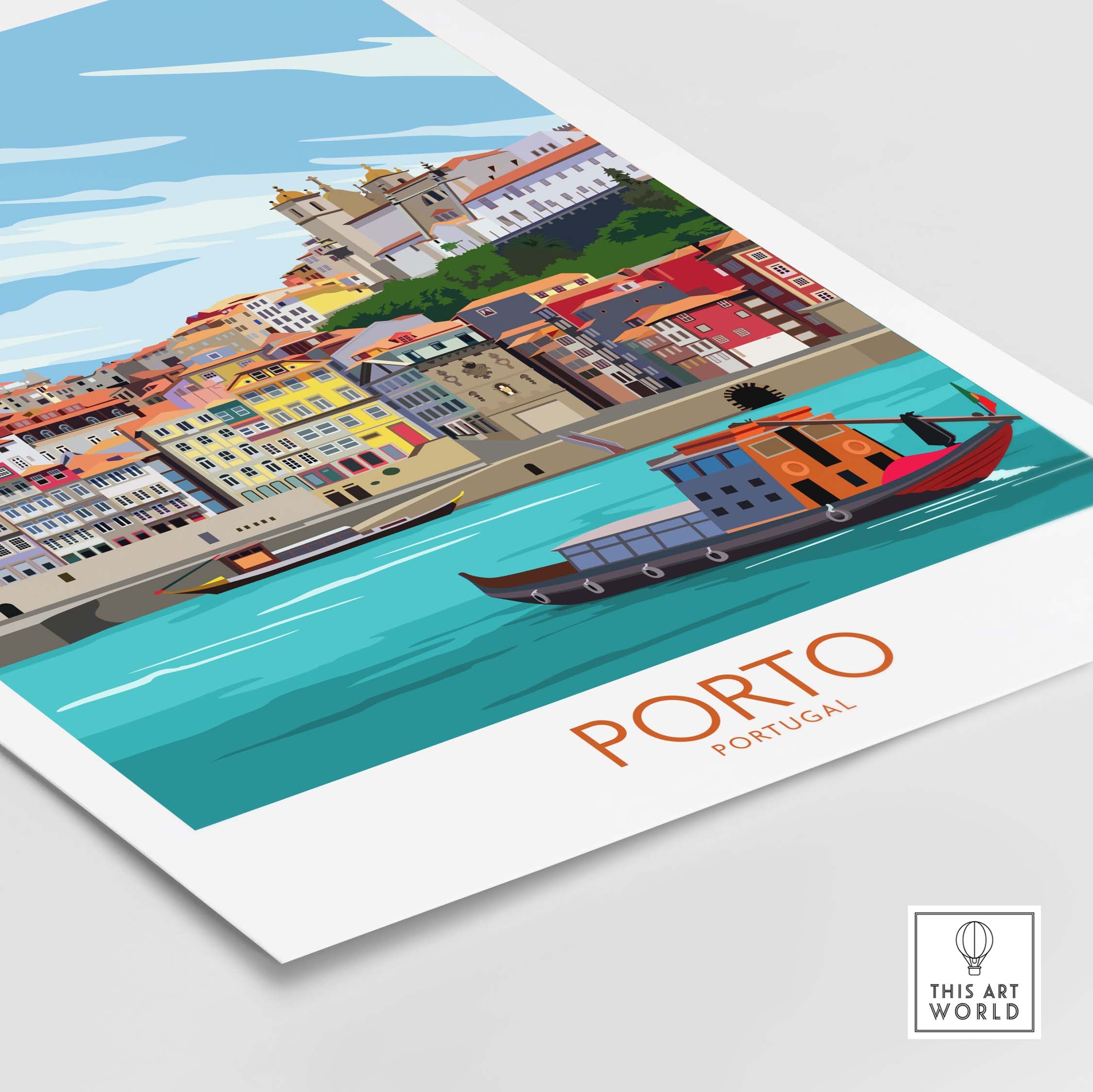 Porto travel poster print showcasing colorful buildings and boats on the water, inspired by vintage travel art.
