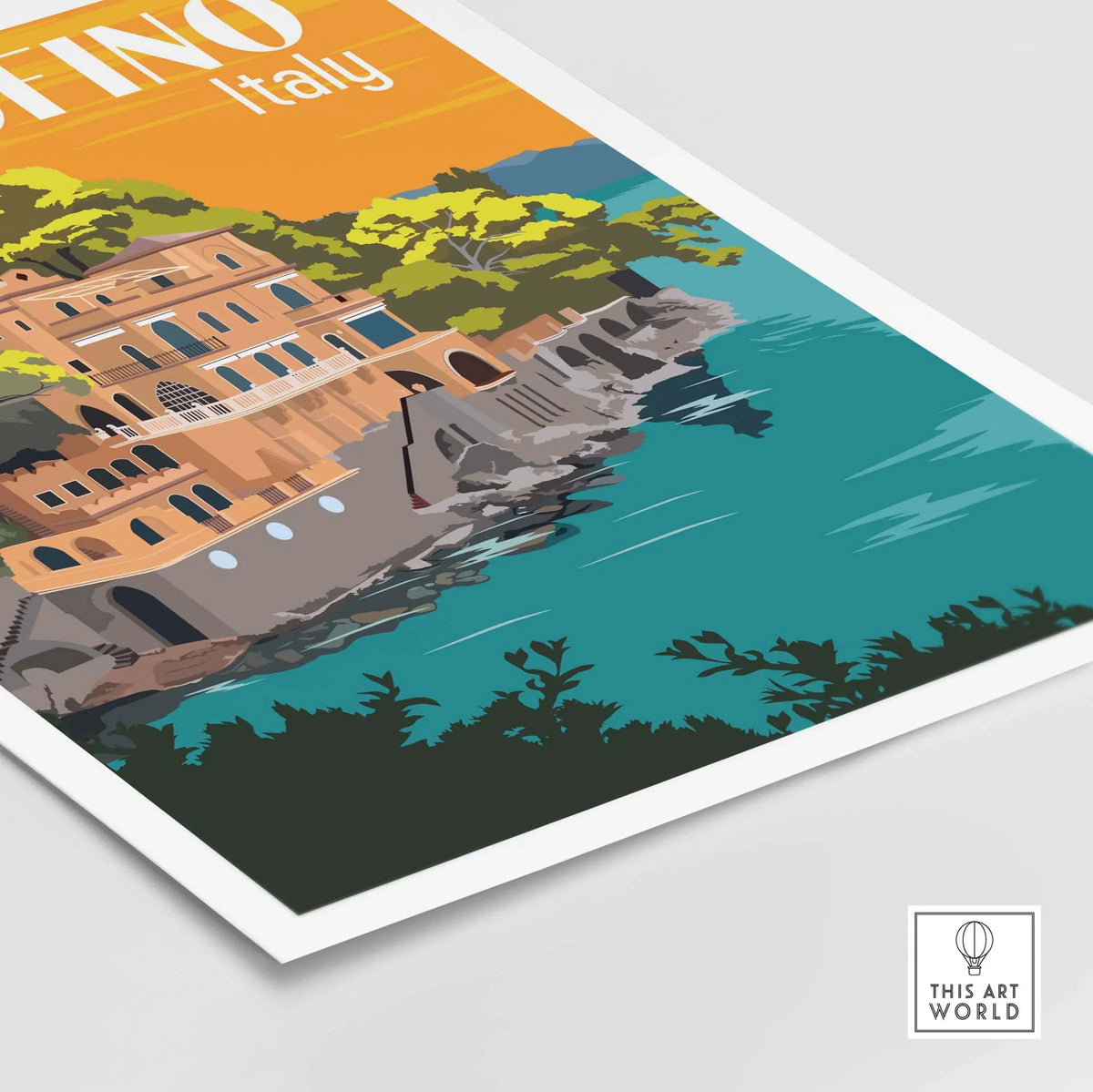 Vintage Portofino Print Poster Wall Art showcasing scenic Italy with vibrant colors and coastal views.