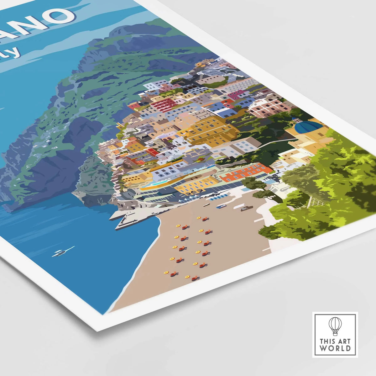 Positano poster print featuring colorful coastal village and beach, perfect for travel-themed wall art decor.