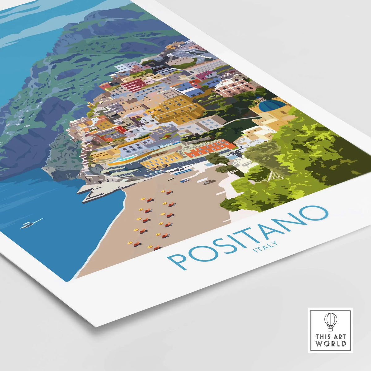 Positano Print Travel Poster featuring vibrant colors and iconic coastal scenery of Positano, Italy.