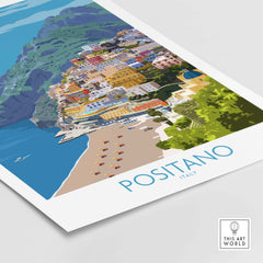 Positano Print Travel Poster featuring vibrant colors and iconic coastal scenery of Positano, Italy.