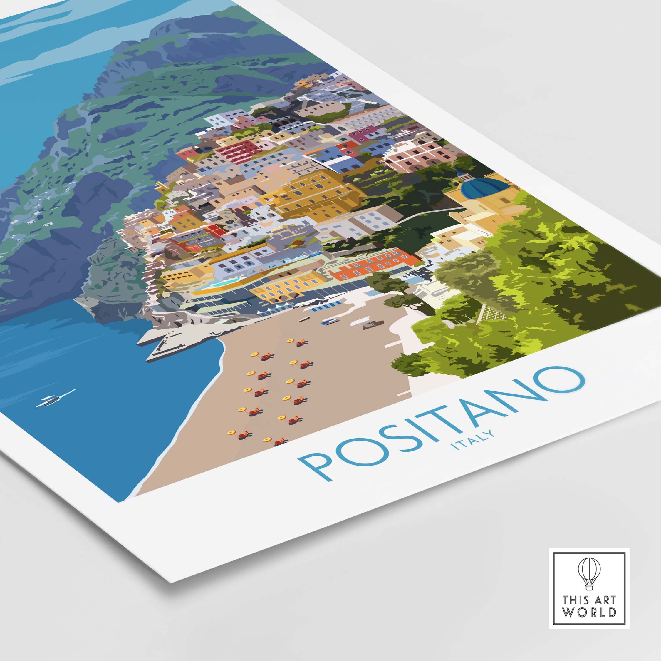 Positano Print Travel Poster featuring vibrant colors and iconic coastal scenery of Positano, Italy.