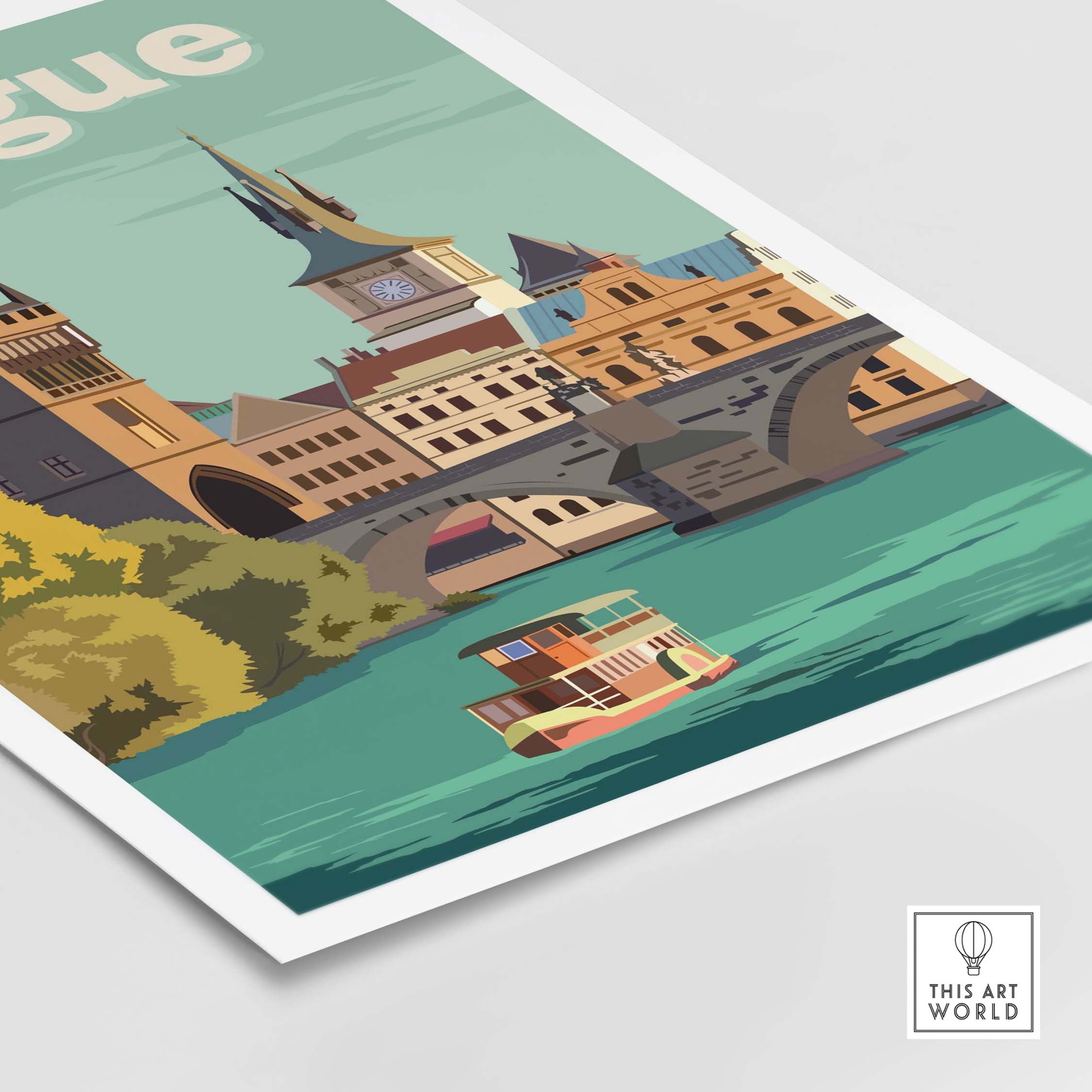 Prague vintage print poster wall art featuring iconic architecture and boat on the river, perfect for home or office decor.
