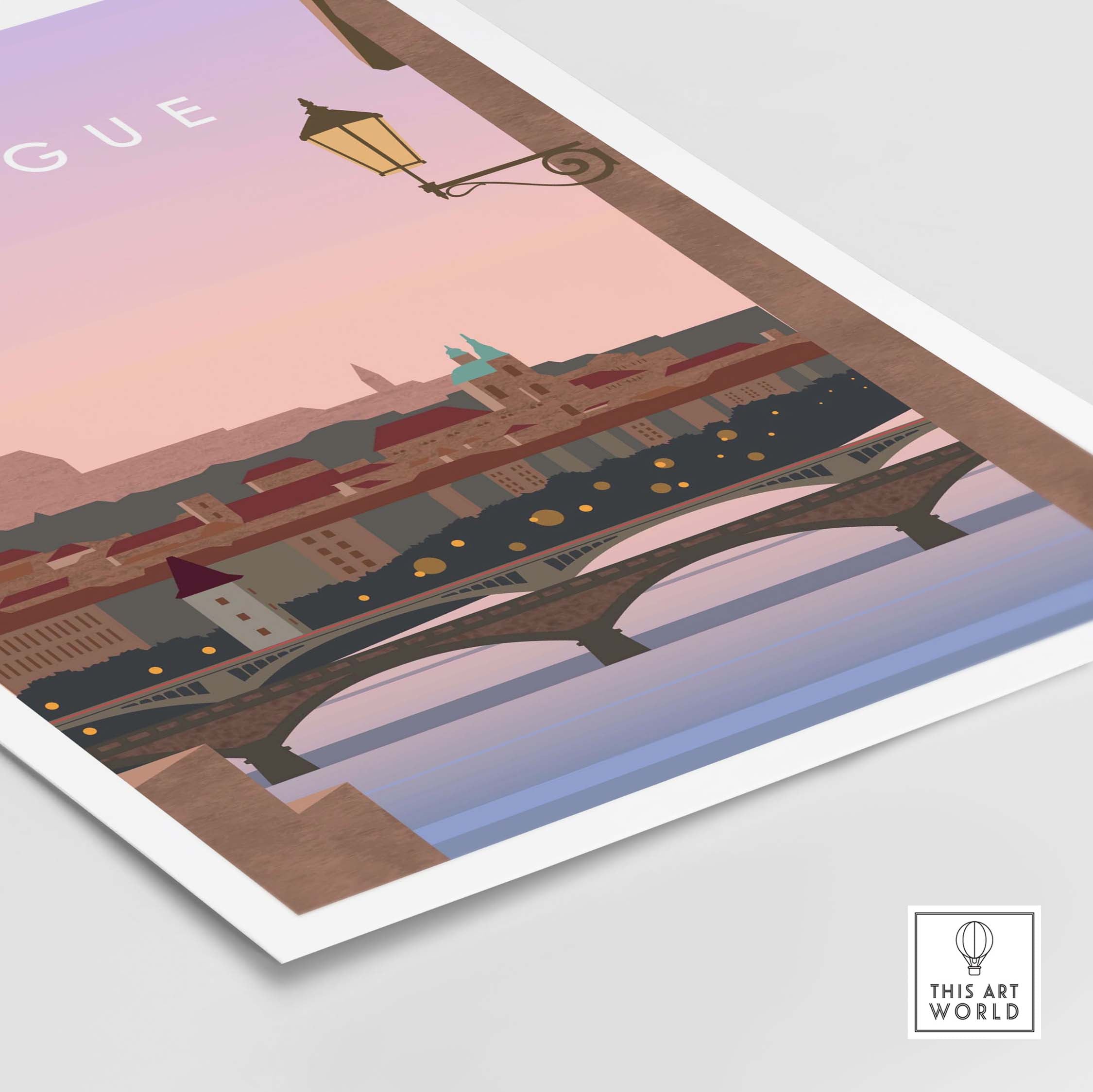 Prague Print Wall Art Poster featuring a nostalgic sunset scene with a bridge and vintage style.