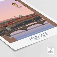 Prague print travel poster featuring a romantic sunset over the cityscape and a bridge, perfect for wanderlust decor.