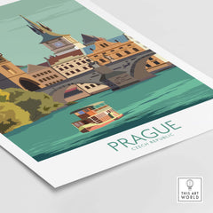 Vintage Prague poster print featuring iconic architecture and a boat on the river, ideal for travel enthusiasts.