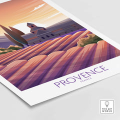 Provence poster print featuring a vintage-inspired design of French landscapes and lavender fields.
