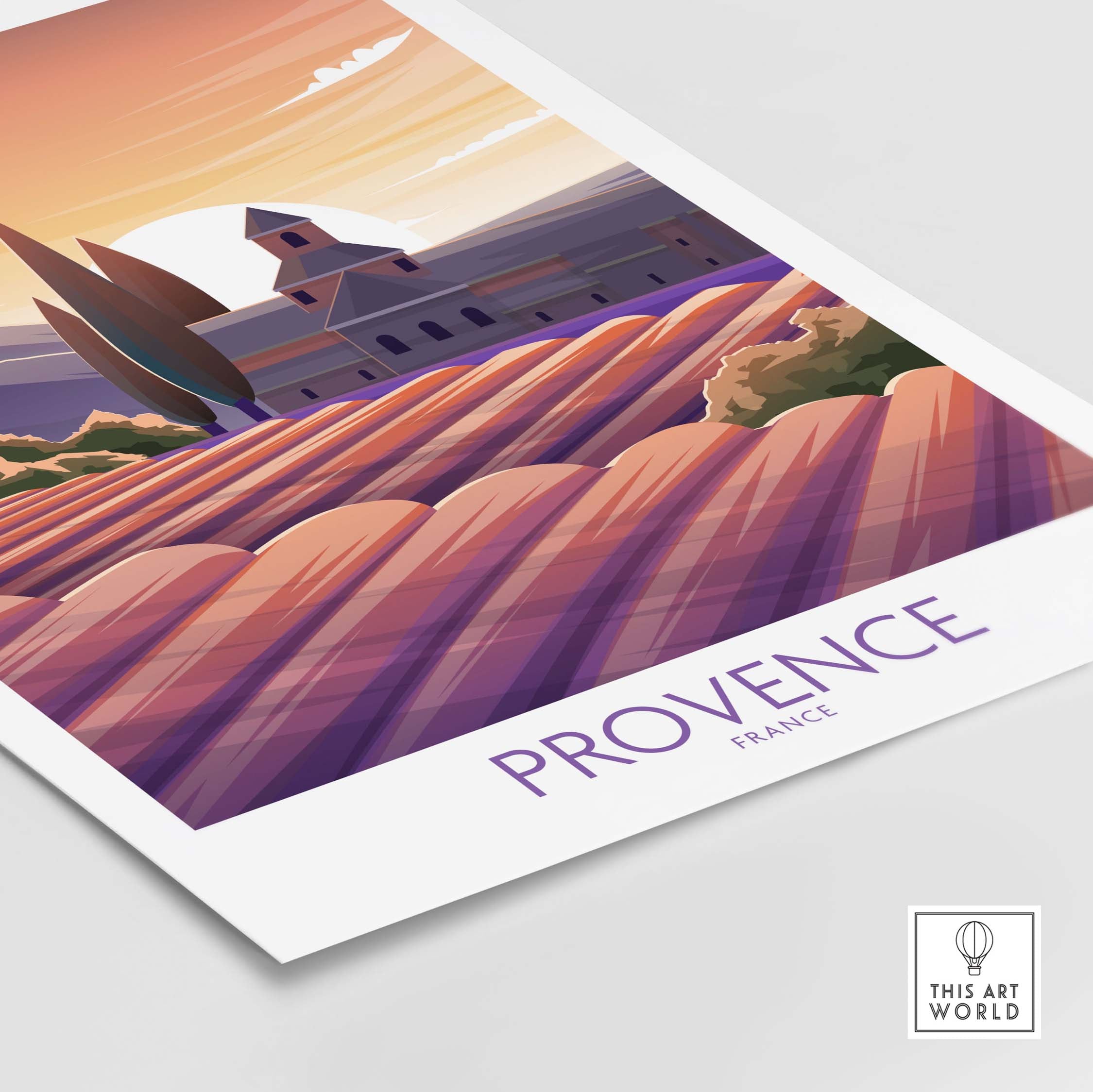 Provence poster print featuring a vintage-inspired design of French landscapes and lavender fields.