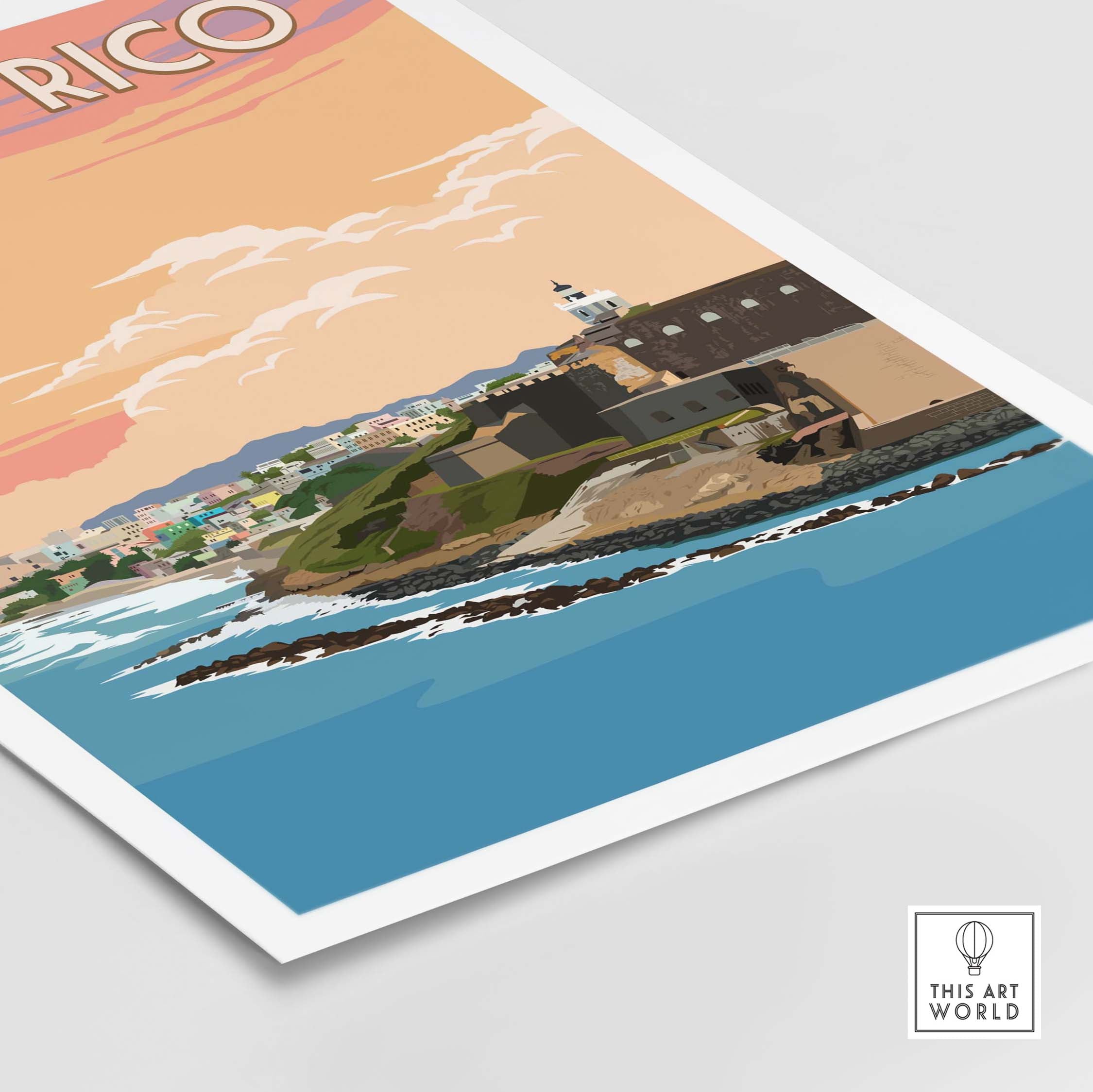 Puerto Rico Wall Art San Juan vintage travel poster showcasing coastal landscape and vibrant colors.