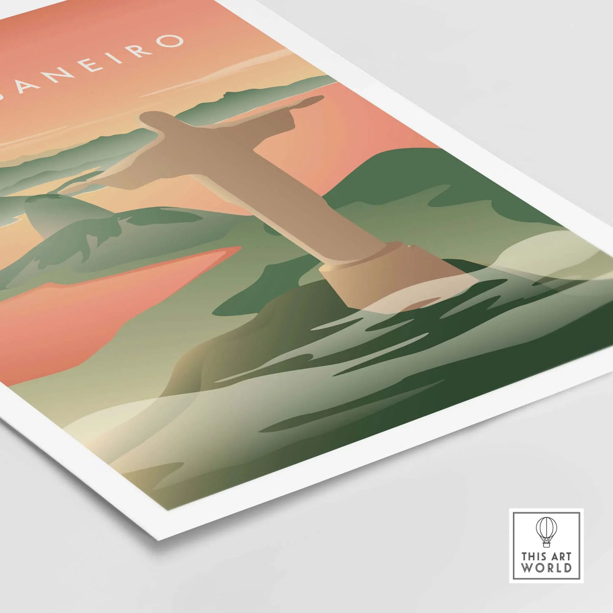 Vintage Rio de Janeiro wall art poster featuring the Christ the Redeemer statue against a colorful sunset.