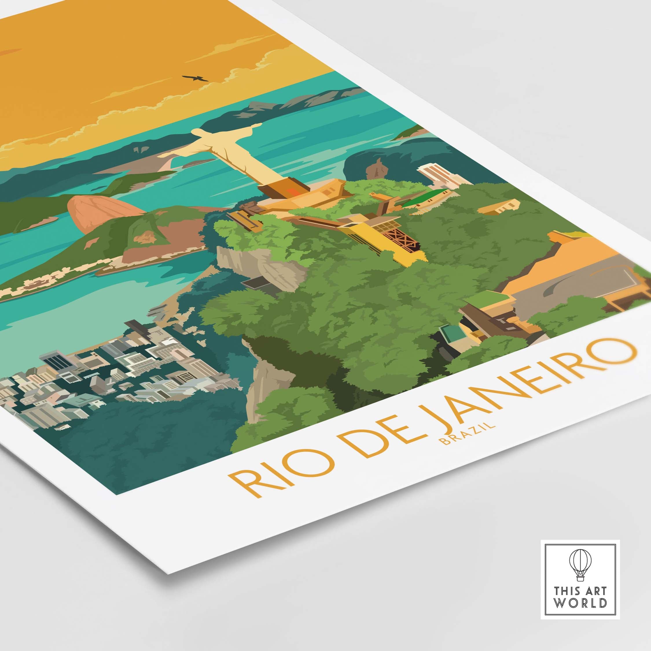 Rio de Janeiro Brazil poster featuring vintage minimalist travel art with vibrant colors and iconic landscapes.