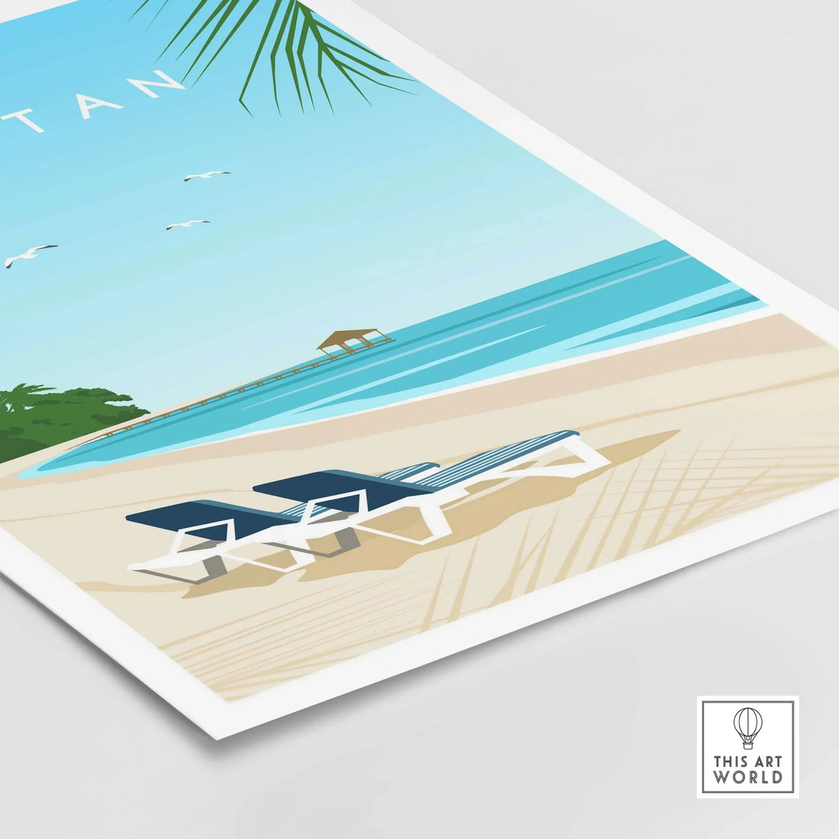Roatan Art Print featuring a serene beach scene with lounge chairs and turquoise water, perfect for travel-inspired decor.