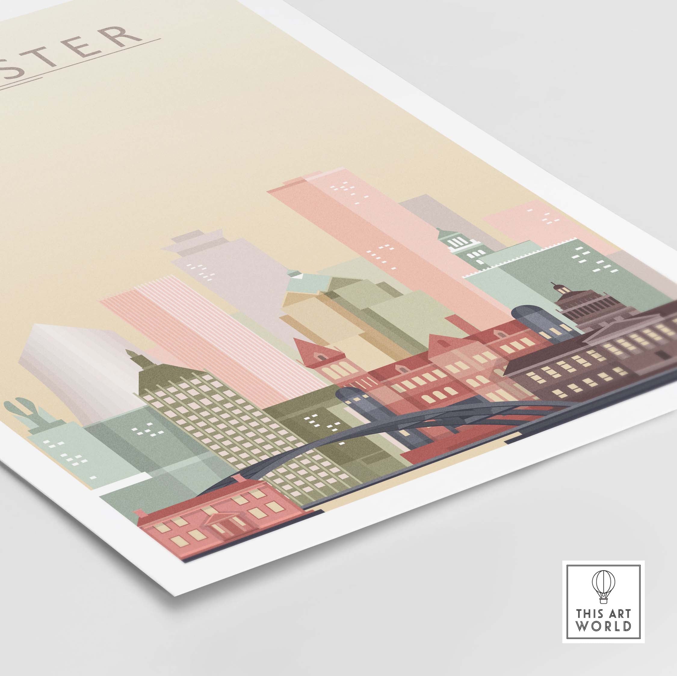Rochester Skyline Wall Art Print featuring iconic buildings in warm pastel tones.