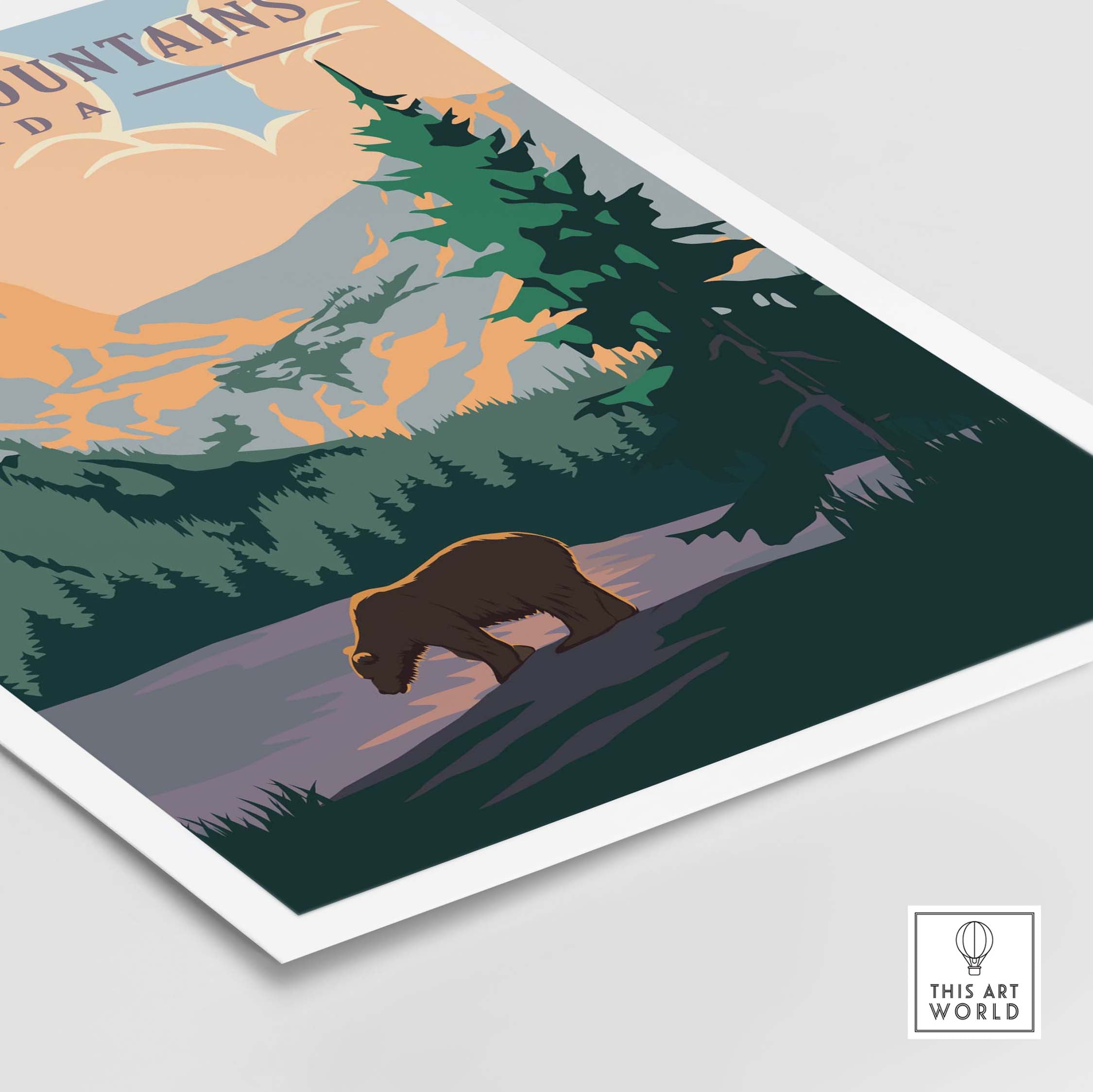 Rocky Mountains Canada Vintage print featuring a bear, lush forests, and a scenic backdrop, perfect for home or office decor.