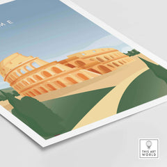 Rome Wall Art Poster featuring a vintage illustration of the Colosseum surrounded by greenery, perfect for home decor.