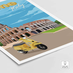 Rome print poster featuring a vintage yellow scooter in front of the Colosseum, evoking travel nostalgia.