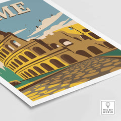 Vintage-inspired Rome poster wall art featuring the Colosseum and cobblestone streets, perfect for travel enthusiasts.