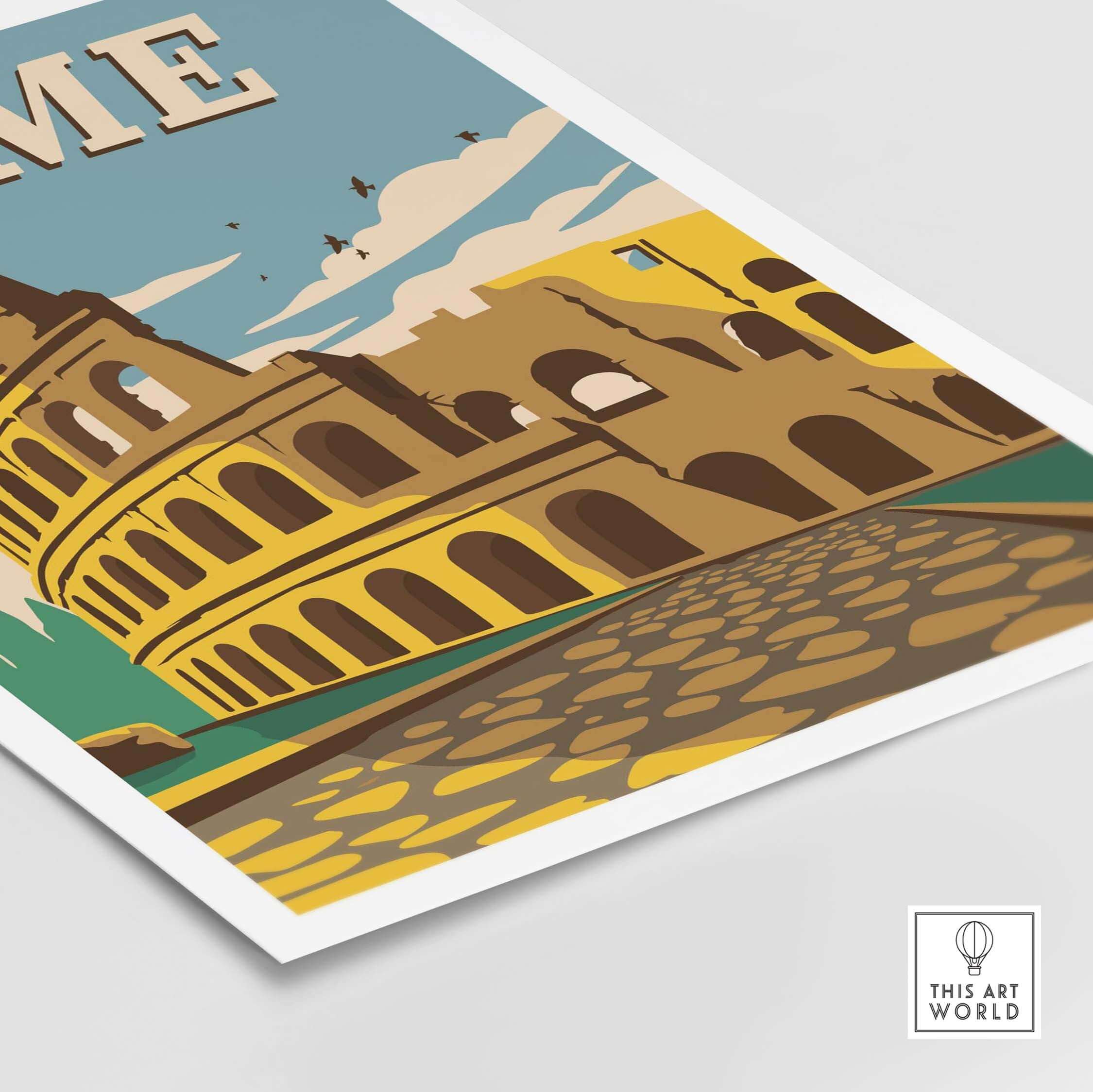 Vintage-inspired Rome poster wall art featuring the Colosseum and cobblestone streets, perfect for travel enthusiasts.