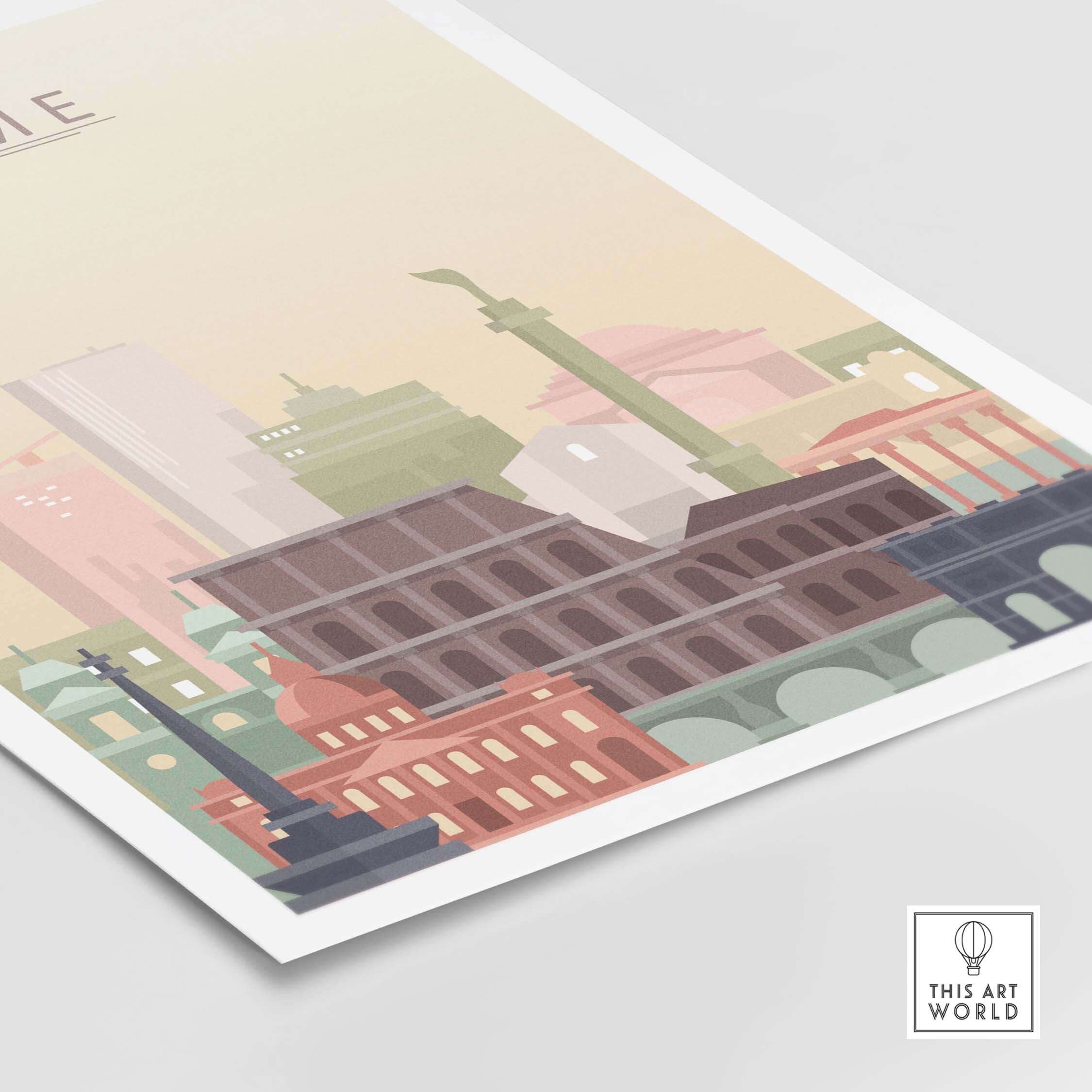 Rome City skyline print showcasing iconic landmarks in warm pastel tones, perfect for wall art decor.