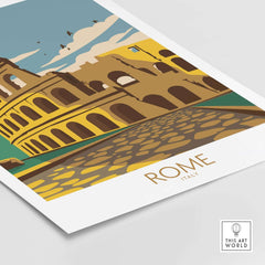 Vintage Rome travel poster featuring the Colosseum against a blue sky and cobblestone streets, perfect for home decor.