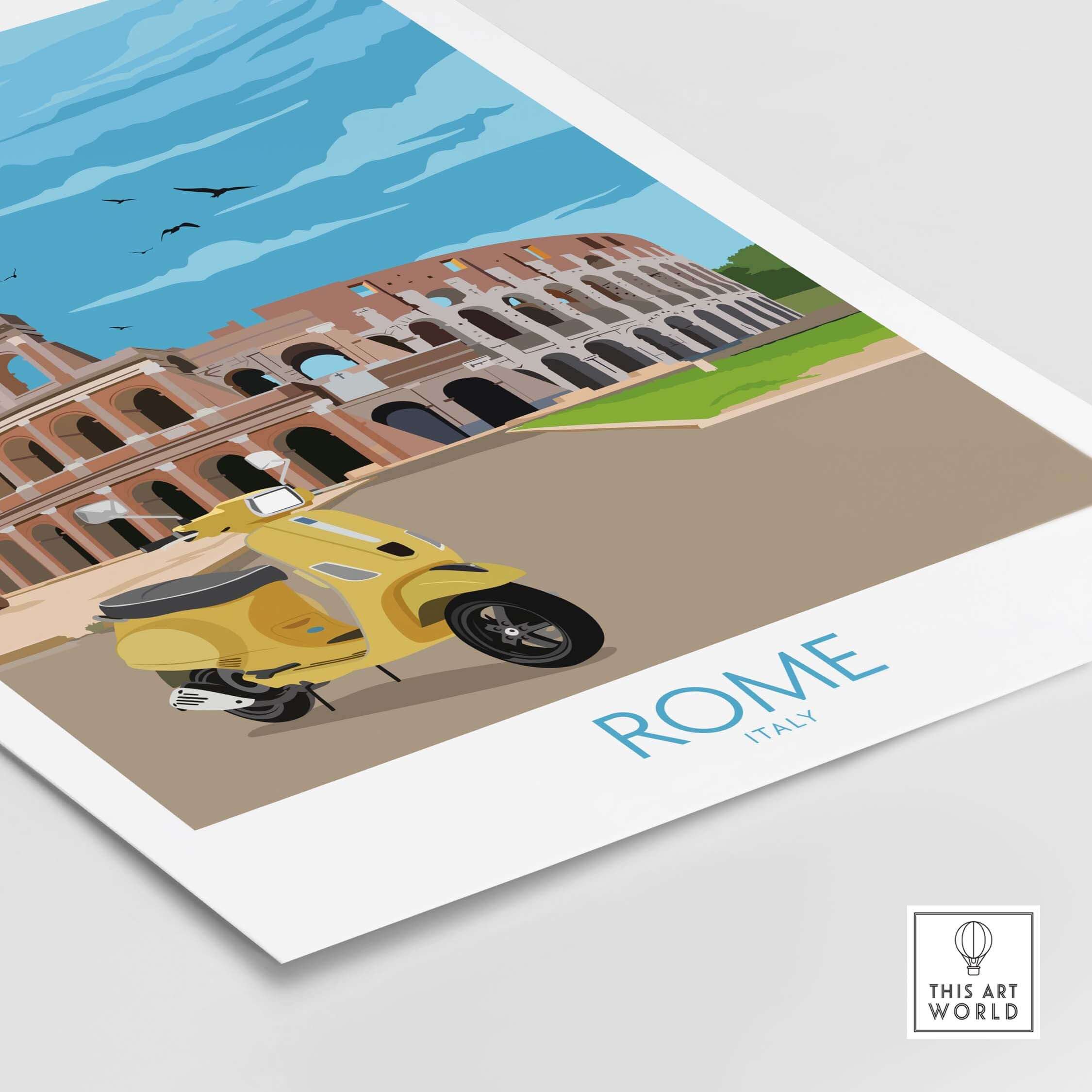 Rome Travel Poster Print featuring a vintage yellow scooter and the iconic Colosseum against a blue sky.