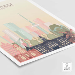 Rotterdam skyline print in pastel colors showcasing iconic architecture, perfect for stylish home or office decor.