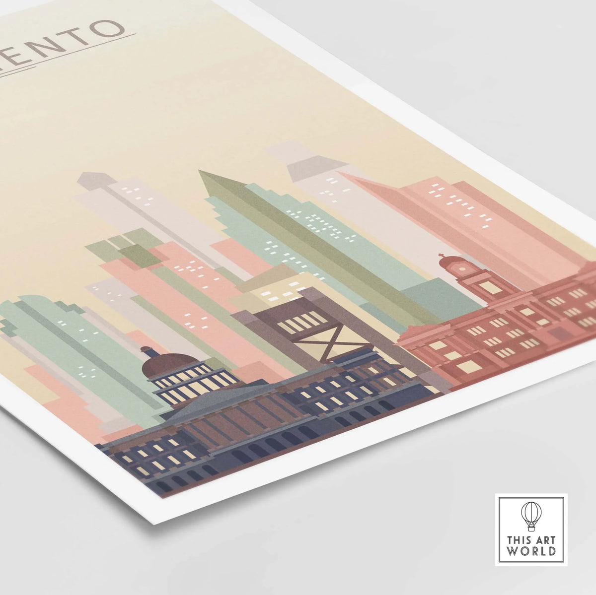Sacramento Skyline Poster showcasing iconic buildings in warm pastel tones, perfect for home or office decor.