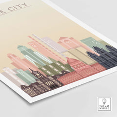 Salt Lake City skyline wall art print in pastel colors, showcasing iconic architecture.