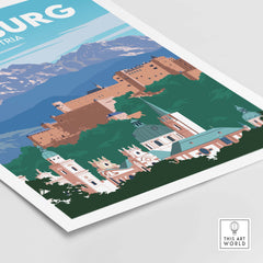 Salzburg travel poster print showcasing iconic architecture and mountains in a vintage minimalist style.