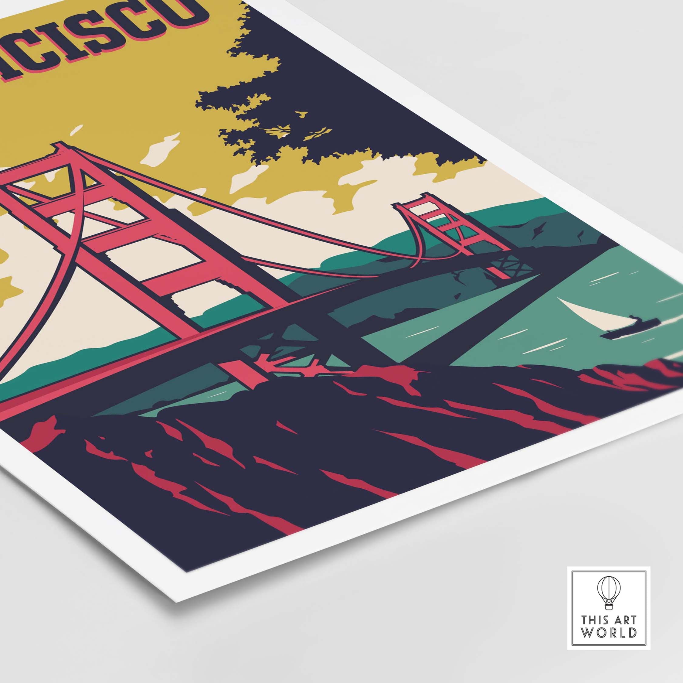 San Francisco Poster Wall Art Print featuring the Golden Gate Bridge in vintage style, perfect for home or office decor.
