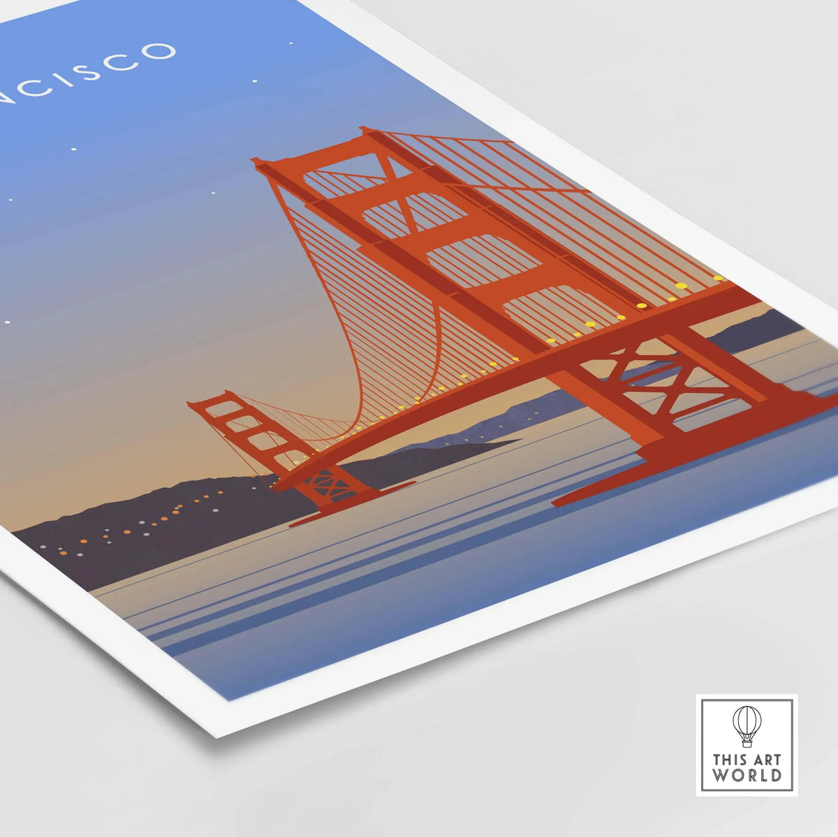 San Francisco Print Wall Art Poster featuring the iconic Golden Gate Bridge at sunset