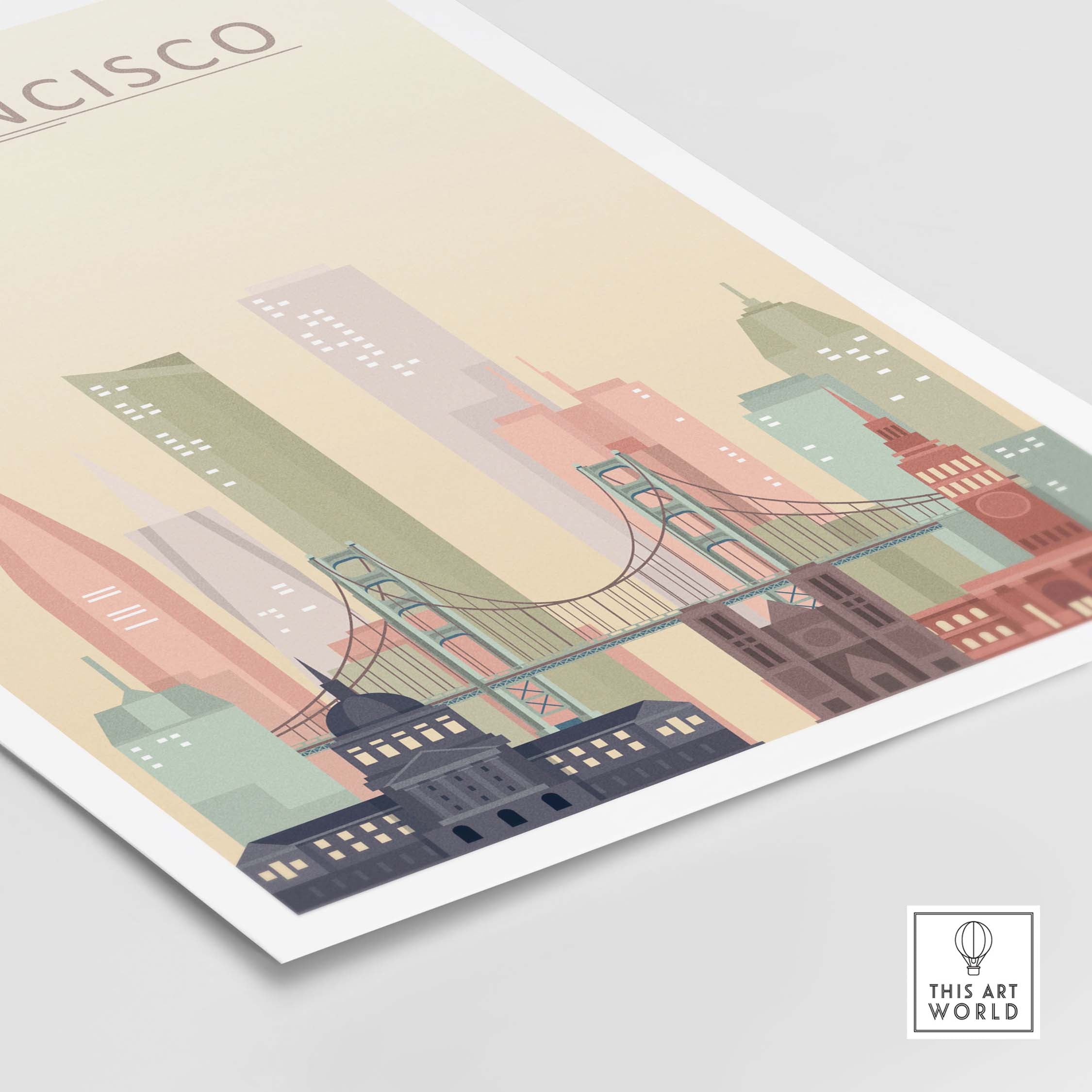 San Francisco City Skyline Print showcasing the Golden Gate Bridge in warm pastel colors for wall art.