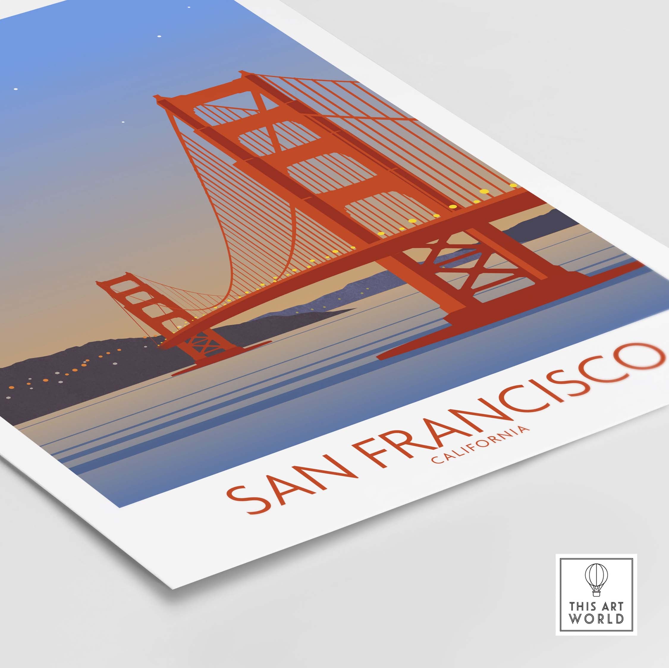 San Francisco print poster featuring the Golden Gate Bridge in vintage style, ideal for home or office decor.
