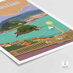 San Sebastian Spain poster print featuring vibrant coastal scene and vintage travel art style.