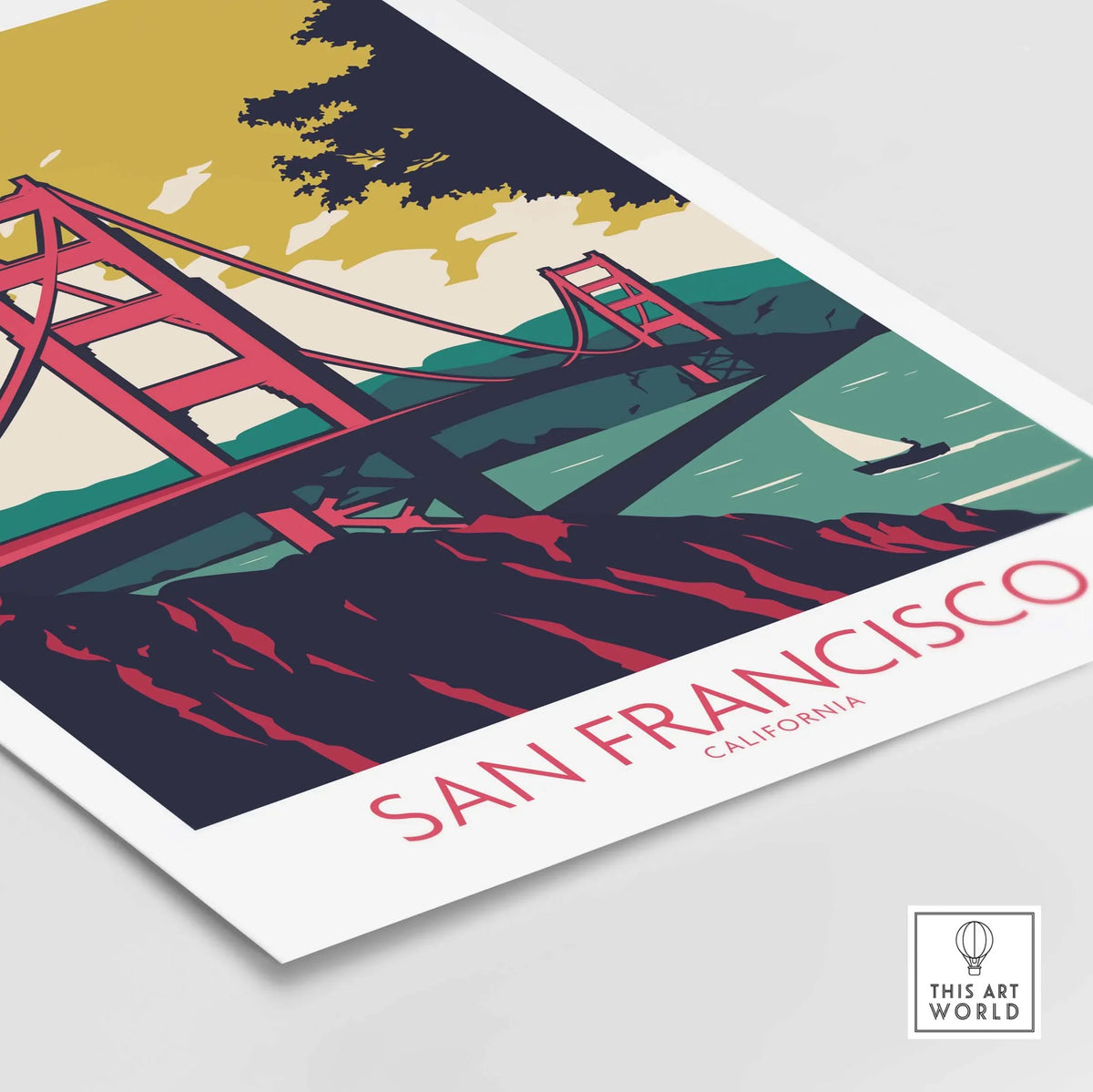 San Francisco Poster Print featuring the Golden Gate Bridge in vintage-inspired artwork style.