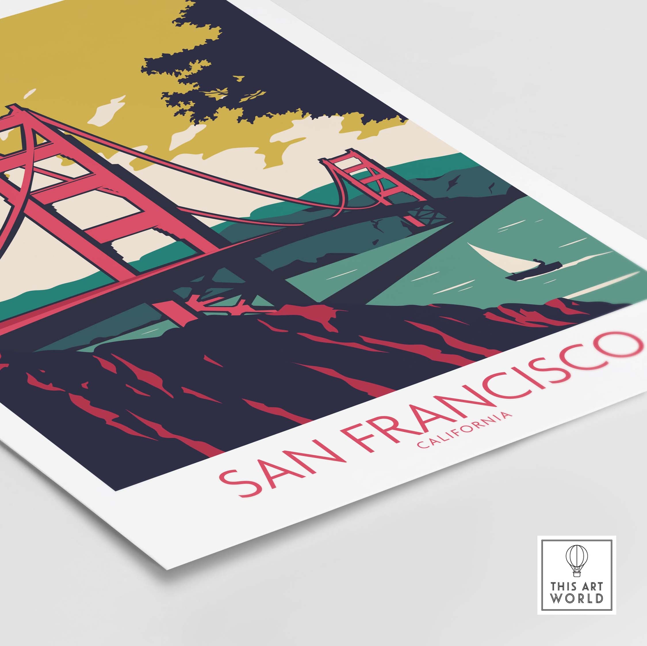 San Francisco Poster Print featuring the Golden Gate Bridge in vintage-inspired artwork style.