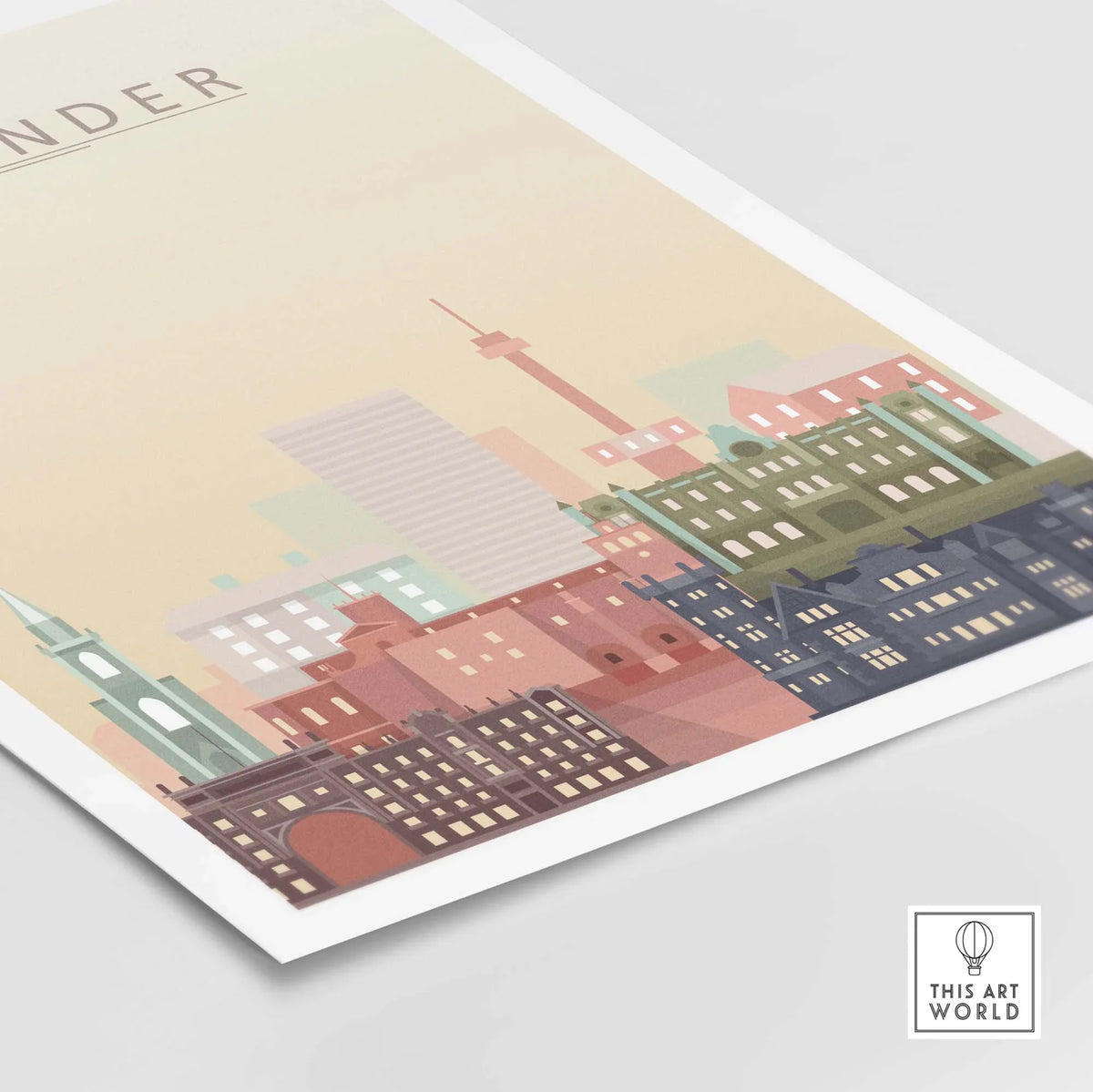 Santander City Skyline Wall Art Print featuring iconic architecture in warm pastel tones.