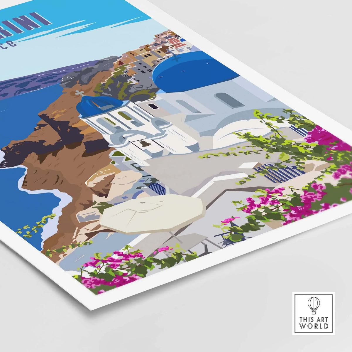 Santorini poster print wall art featuring blue domes and vibrant flowers, perfect for home or office decor.