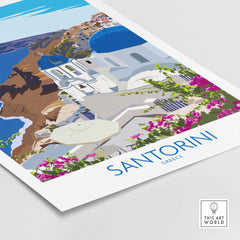 Santorini print travel poster featuring iconic blue domes and vibrant flowers, perfect for home decor.